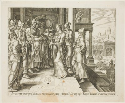 Judith dirigiéndose a los ancianos de Betulia, lámina tres de La historia de Judith y Holofernes de Philip Galle