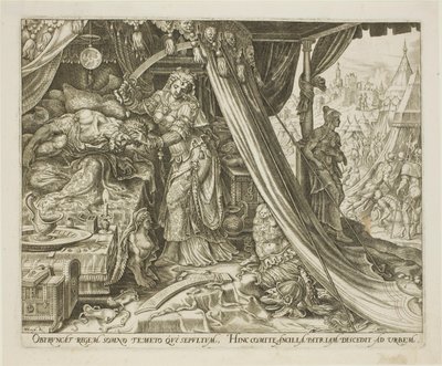 Judith decapitando a Holofernes, lámina seis de La historia de Judith y Holofernes de Philip Galle