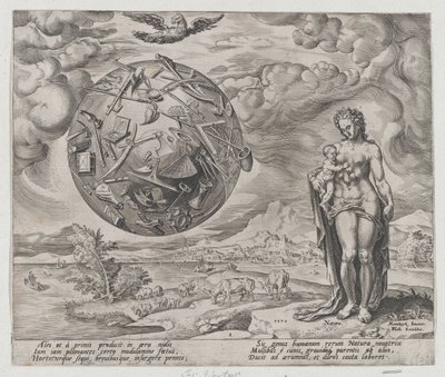 Hombre nacido para trabajar, de La recompensa del trabajo y la diligencia, placa 1, 1572 de Philip Galle