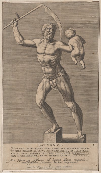 Placa 1: Saturno, estatua del dios desnudo de pie sobre un zócalo, sosteniendo una guadaña en su mano derecha, 1586 de Philip Galle