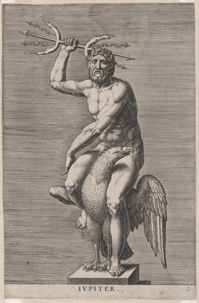 Placa 2: Júpiter, estatua del dios desnudo sentado en un águila, sosteniendo un tridente doble, de..., 1586 de Philip Galle
