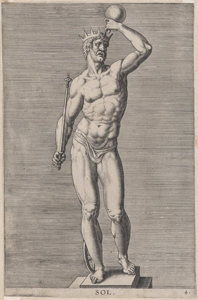 Placa 4: Apolo, estatua del dios desnudo de pie sobre un zócalo, con una corona y sosteniendo... de Philip Galle