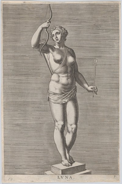 Placa 7: Diana, estatua de la diosa desnuda de pie sobre un zócalo, con una luna creciente en..., 1586 de Philip Galle