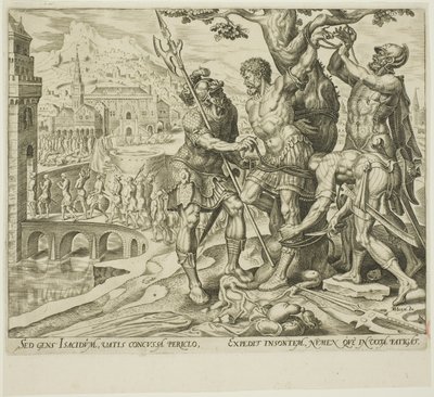 Los israelitas encuentran a Achior atado a un árbol, lámina dos de La historia de Judith y Holofernes de Philip Galle