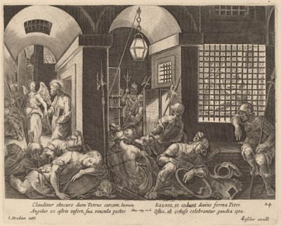 San Pedro Liberado de la Prisión por un Ángel de Philip Galle after Jan van der Straet