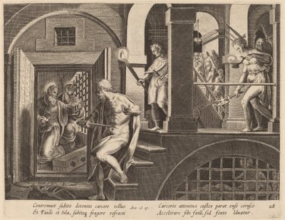 El carcelero a punto de suicidarse, convertido por San Pablo de Philip Galle after Jan van der Straet