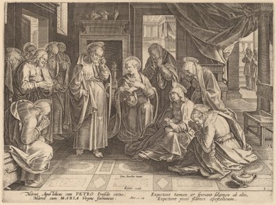 El encuentro de los apóstoles y las mujeres en el aposento alto de Philip Galle after Jan van der Straet