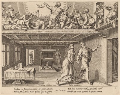 Y todos fueron llenos del Espíritu Santo de Philip Galle after Maerten van Heemskerck