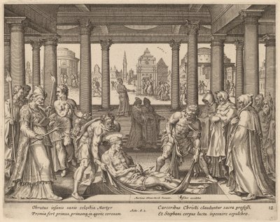Hombres devotos llevando a San Esteban a su entierro de Philip Galle after Maerten van Heemskerck