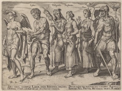 Fortuna, Labor, Diligencia, Parsimonia, Fraus (Formas Honestas y Deshonestas de Hacerse Rico) de Philip Galle, after Maerten van Heemskerck