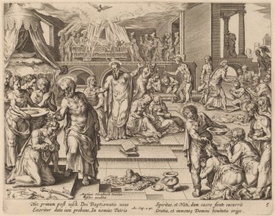 Muchos son bautizados de Philip Galle after Maerten van Heemskerck