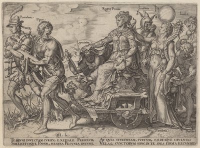 Periculum, Pauor, Latrocinium, Regina Pecunia, Stultitia, Invidia (Peligros y vicios que acompañan a la riqueza) de Philip Galle, after Maerten van Heemskerck