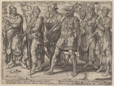 Pythius, Lucullus, Crassus, Sylla, Croesus, Midas (Ejemplos notorios de riqueza de la antigüedad) de Philip Galle, after Maerten van Heemskerck