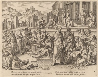 San Pedro sanando a los enfermos con su sombra de Philip Galle after Maerten van Heemskerck