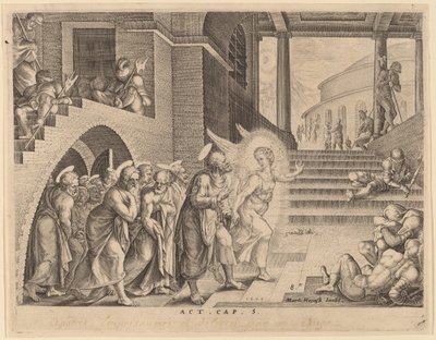 Los apóstoles liberados de la prisión por un ángel de Philip Galle after Maerten van Heemskerck