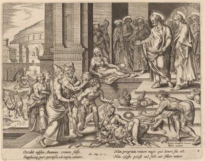 Las muertes de Ananías y Safira de Philip Galle after Maerten van Heemskerck