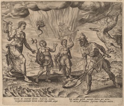 El Señor dotando al trabajador diligente de comida y ropa de Philip Galle after Maerten van Heemskerck