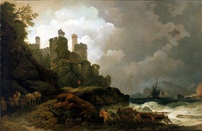 Barco de pesca tirado en tierra, cerca del castillo de Conwy (Gales). Óleo sobre lienzo, hacia 1800, de Philippe-Jacques (Philippe Jacques) de Loutherbourg (1740-1812). de Philip James de (1740 1812) Loutherbourg