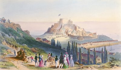 Llegada de Su Majestad a Mount Orgueil, 3 de Septiembre de 1846, de la Visita de la Reina Victoria en Jersey, grabado por H. Walter, 1847 de Philip John Ouless
