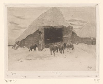 Un pastor conduce un rebaño de ovejas a un establo
Grange dans la neige (título original) de Philip Zilcken (signed by artist)