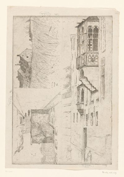 Campo de trigo con casas y dos vistas de casas en un pueblo
A Vleurgat; Champ de Blé / Rue Haute / Etude de la bretêche de l
