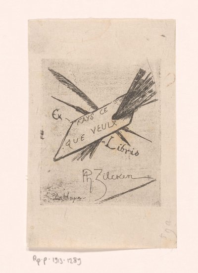 Ex libris con bolígrafos, pinceles y paleta de Philip Zilcken