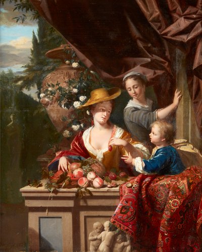 Figuras Elegantes en una Terraza con Tazón de Frutas Variadas de Philip van Dyck