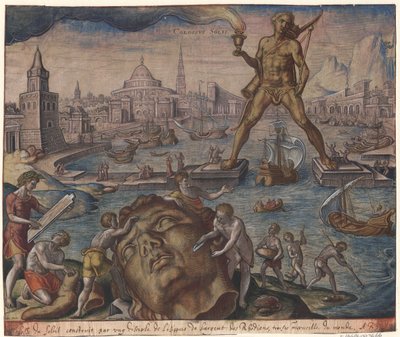 El Coloso de Rodas de la serie Las Ocho Maravillas del Mundo Después de Maarten van Heemskerck, 1572 de Philipp Galle