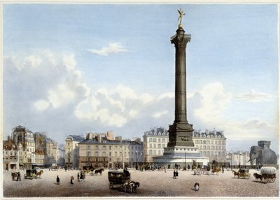Columna de julio en la Bastilla - en "Paseo por París y sus alrededores", diseñado por Jacottet y Benoist, c. 1840 de Philippe Benoist
