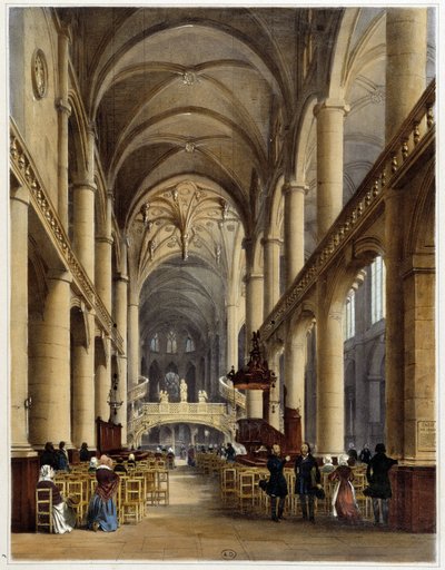Interior de la iglesia St Etienne du Mont - en “Promenade dans Paris et ses environs”, dibujos de Jacottet y Benoist, ed. Gihaut Frères de Philippe Benoist