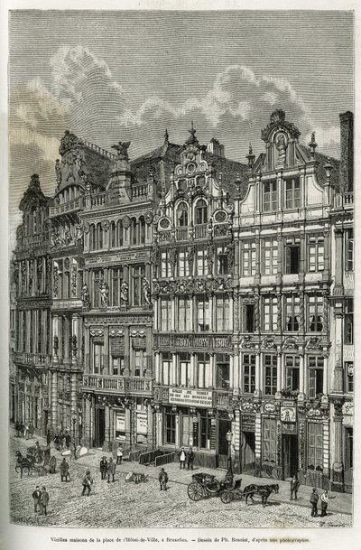 Casas antiguas en la plaza del ayuntamiento en Bruselas. Grabado por Ph. Benoist, para ilustrar la historia de Bélgica por Camille Lemonnier, publicado en el tour du monde, bajo la dirección de Edouard Charton (1807-1890), París de Philippe Benoist