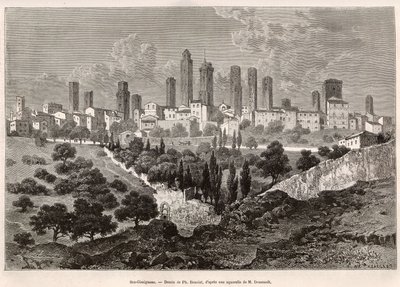 Vista de San Gimignano (Toscana, Italia). Grabado según el dibujo de Ph. Benoist, para ilustrar el viaje a Toscana y Umbría, por Francis Wey, en 1875, publicado en "Le tour du monde" 1876, editado por Edouard Charton, edición Hachette, París. Selva de Philippe Benoist