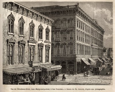 Vista del Hotel Occidental (Occidental Hotel), en la calle Montgomery (Montgomery street), San Francisco (California), grabado según el dibujo de Ph. Benoist, ilustrando el viaje de Washington a San Francisco, en 1868, por L. Simonin, publicado en de Philippe Benoist