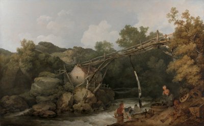 Vista cerca de Matlock, Derbyshire, con figuras trabajando bajo una cinta transportadora de madera de Philippe Jacques de Loutherbourg