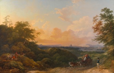The Evening Coach, Londres en la distancia de Philippe Jacques de Loutherbourg