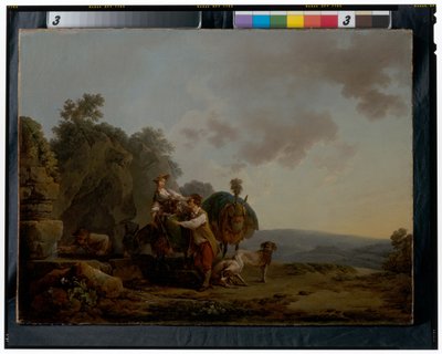 Viajeros con sabuesos y mulas muy cargadas en un pozo de Philippe Jacques de Loutherbourg