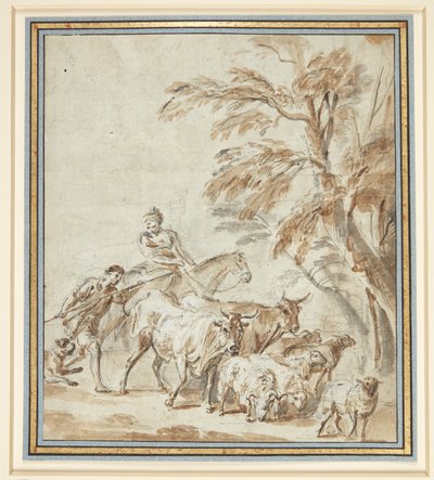 Pastores con vacas y ovejas. A la izquierda, un pastor con un bastón, junto a él un pastor montado a caballo. A la derecha, árboles de Philippe Louis Parizeau