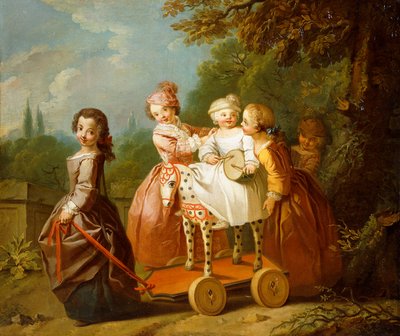 Un niño en un caballito de juguete, con otros niños jugando en un jardín de Philippe Mercier