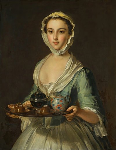 Una joven sosteniendo una bandeja de té posiblemente Hannah, la sirvienta del artista de Philippe Mercier