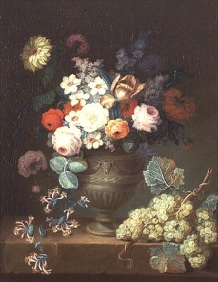 Naturaleza Muerta de Flores en un Jarrón Clásico con un Racimo de Uvas de Philippe Parpette