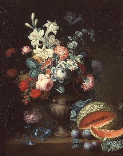Naturaleza muerta de flores en un jarrón clásico con un melón cortado de Philippe Parpette