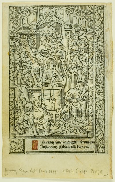 El Martirio de San Juan Evangelista (recto), y Calendario de Diciembre (verso), del Libro de Horas de Philippe Pigouchet