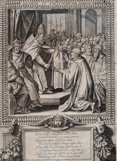 Tablón de Estatutos de la Orden de Malta “Statuta Hospitalis Hervsalem” (ablandamiento de un caballero por un papa), por Philippe Thomassin, finales del siglo XVI de Philippe Thomassin