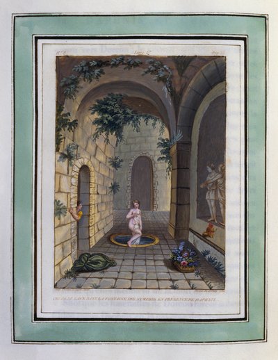 Cloe se lava en la fuente de las ninfas en presencia de Dafnis. Dibujo de Philippe d