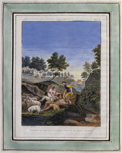 Dafnis y Cloe libran a Dorcón de sus perros. Dibujo de Philippe d
