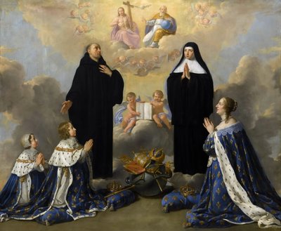 Ana de Austria con sus hijos, rezando a la Santísima Trinidad con los santos Benito y Escolástica de Philippe de Champaigne