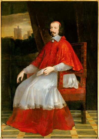 Retrato de cuerpo entero del Cardenal Jules Mazarin (Giulio Raimondo Mazzarino o Mazarino) (1602-1661) El cardenal se sienta detrás de él una vista del Château de Vincennes de Philippe de Champaigne