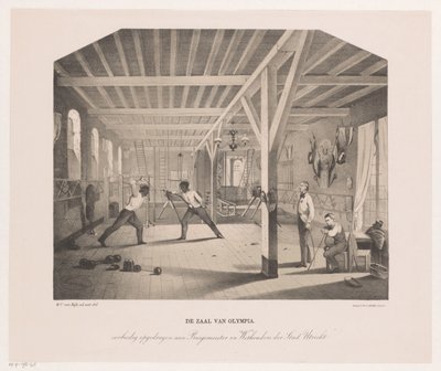 Vista en la sala de esgrima y gimnasia de la empresa estudiantil Olympia El Salón de Olimpia (título sobre objeto) de Philippus Anthonius Alexander Kanne