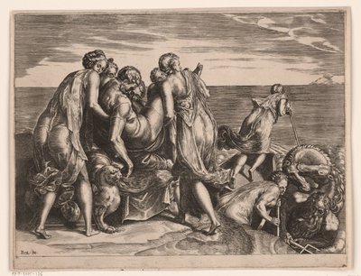 Los feacios llevan a Odiseo dormido a Ítaca. de Philips Galle (attributed to)