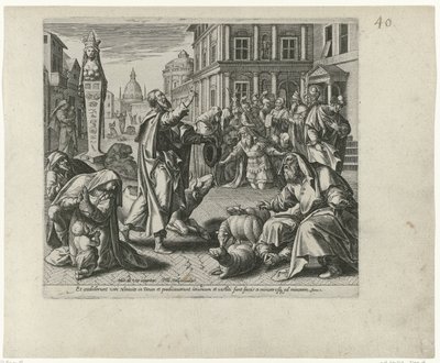 Jonah proclama sobre el ondergang van Nineveh Boetedoening en berouw in het Oude Testament en het Nieuwe Testament (título de la serie) Un tipo de perdón y misericordia divinos, hacia aquellos que se arrepienten de sus transgresiones con todo su corazón y  de Philips Galle (attributed to workshop of)